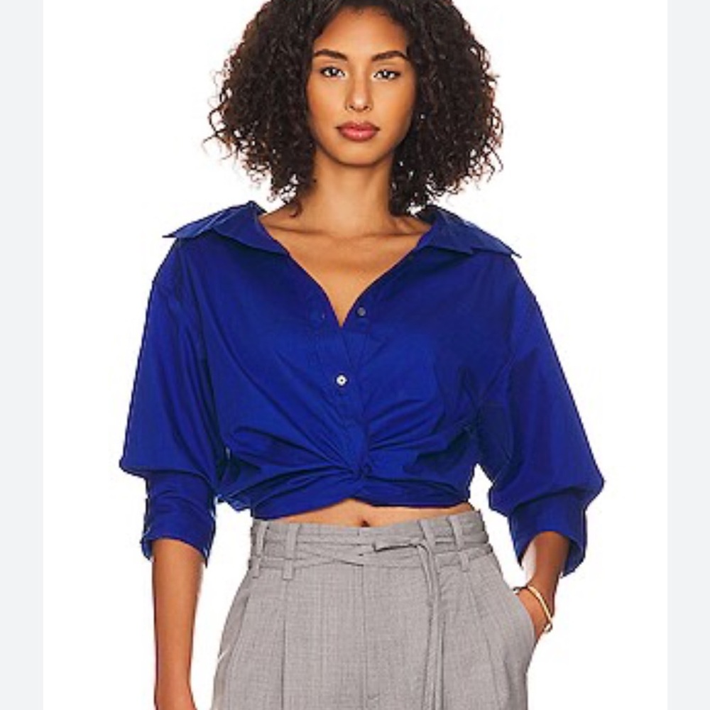 Alix NYC Loretta Knot Hem‎ Cropped Poplin Top Cobalt Blue M